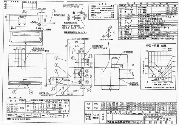 富士工業（FUJIOH）のレンジフード　TCR3M　図面